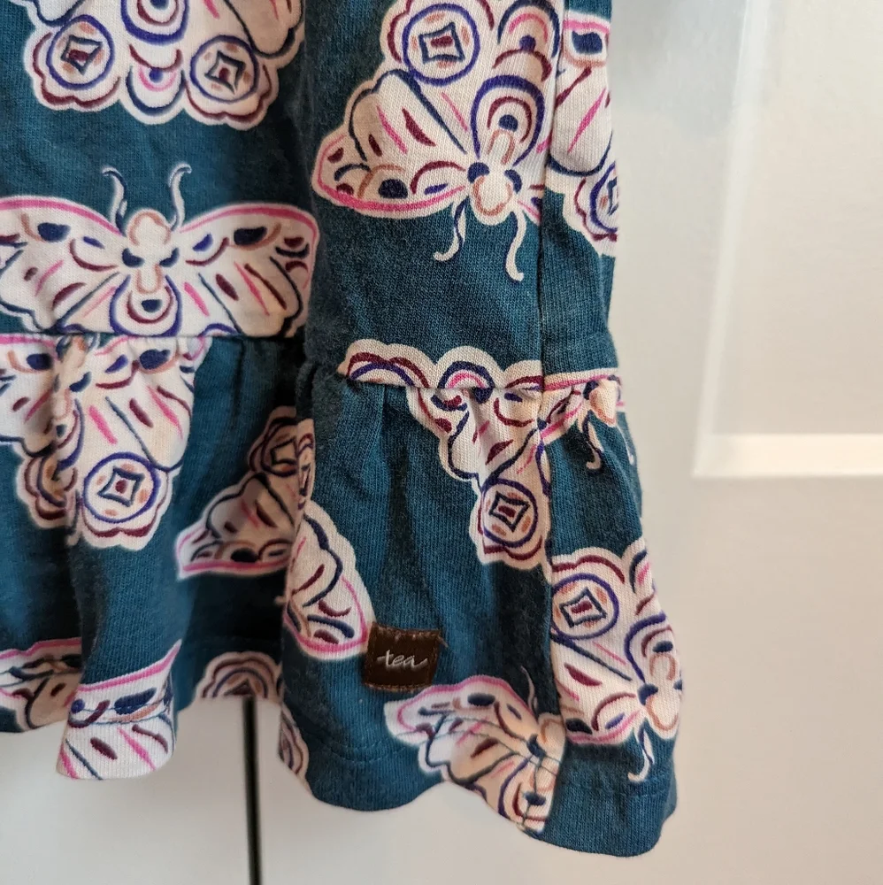 TEA butterfly print ruffle hem long sleeve dress size 6